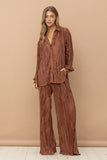 Pleated Blouse Pants Set_ Brown, Olive
