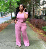 Solid Color Crop Top and Wide Leg Pants- Pink