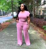 Solid Color Crop Top and Wide Leg Pants- Pink