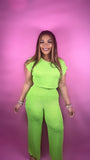 Solid Color Crop Top and Wide Leg Pants- Lime